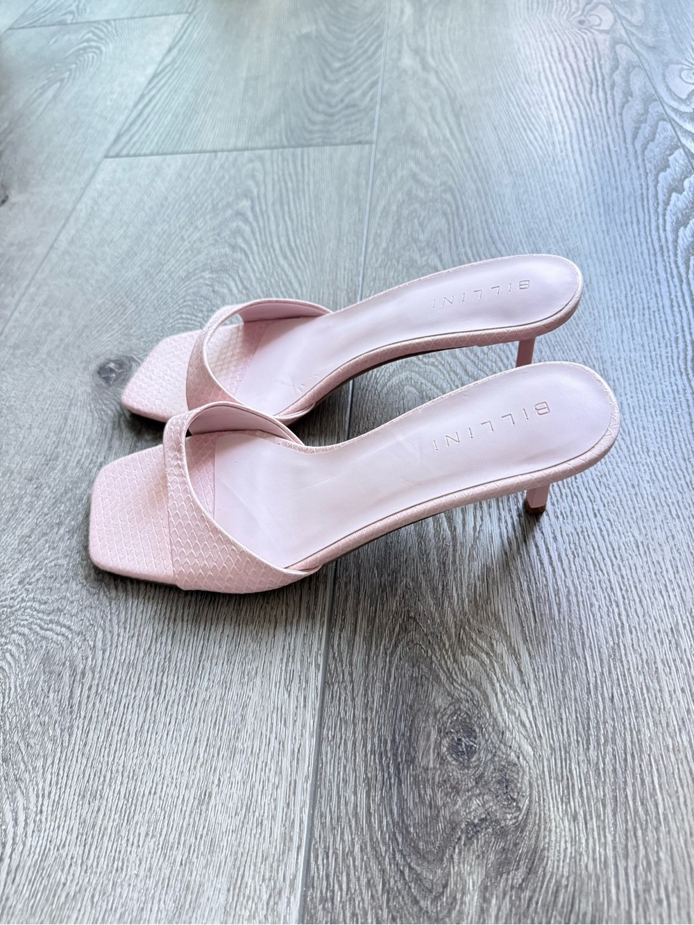 billini haddison pink scale square open toe slip on mules kitten high heels 6